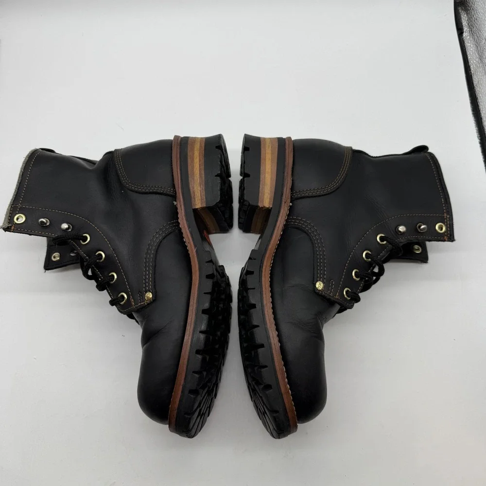 Skechers mens 9.5 Black Leather Combat Boots Punk Lug Sole 90s VTG y2 grunge